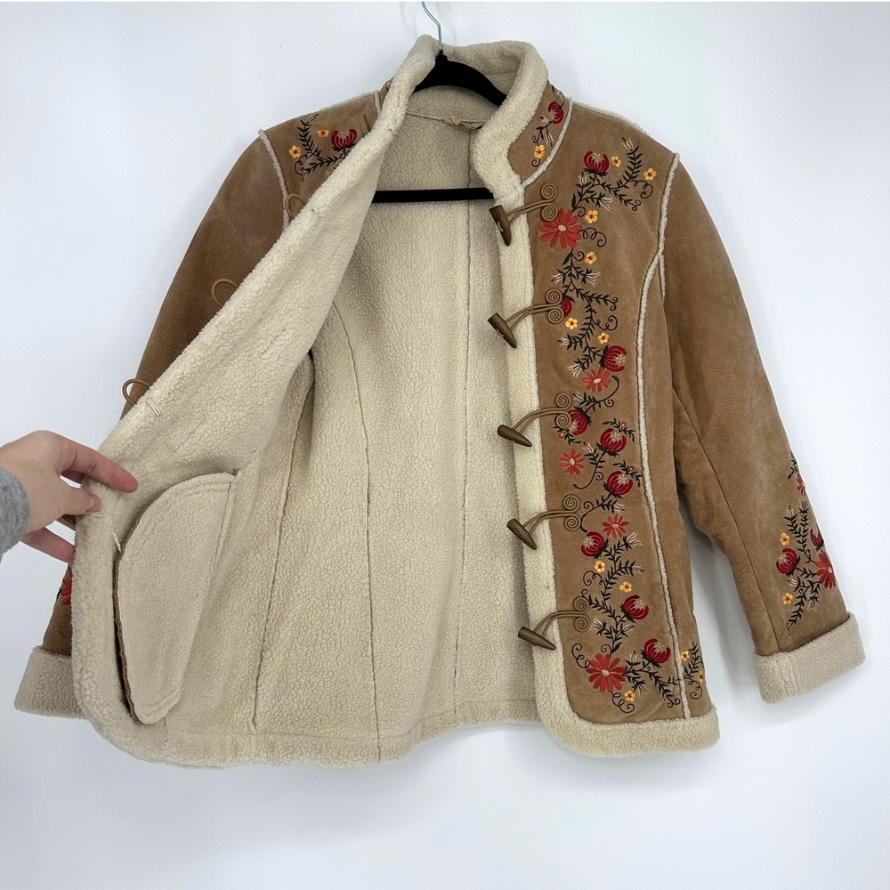 St. John's Bay Tan Suede Embroidered Toggle Coat with Cream Shearling Trim - Picture 9 of 17